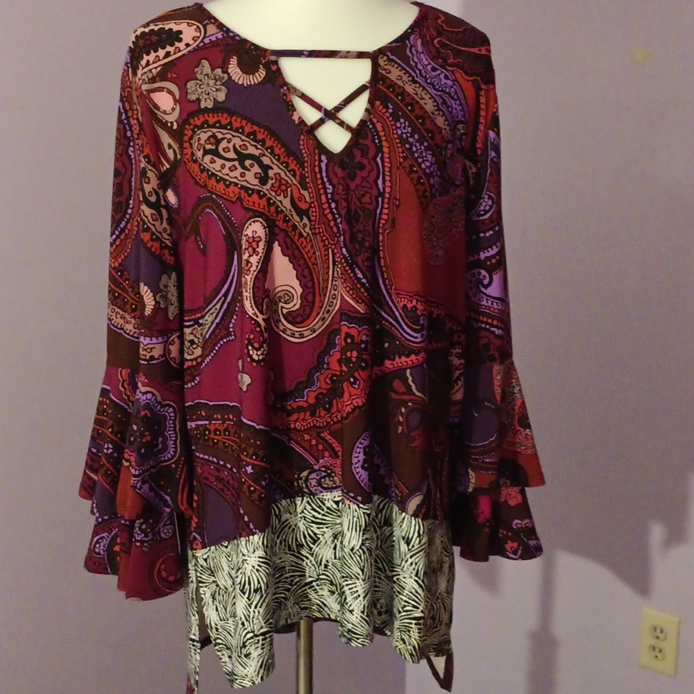 Joseph Ribkoff Purple and Burgundy Paisley Bell-Sleeve Tunic